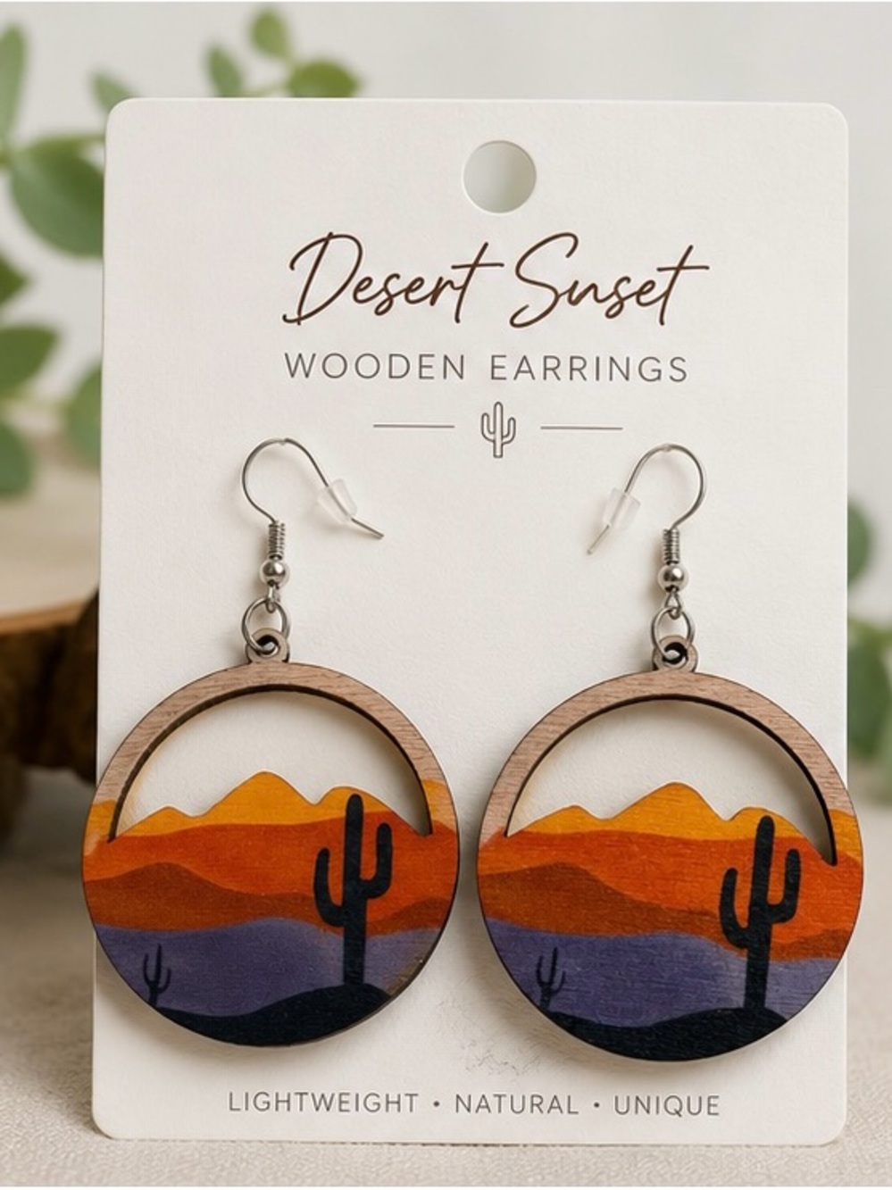 Wooden Earrings - Orange & Purple Landscape